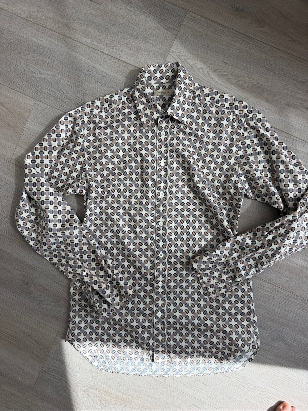Burberry Beige and Brown Geometric Print Long-Sleeve Shirt